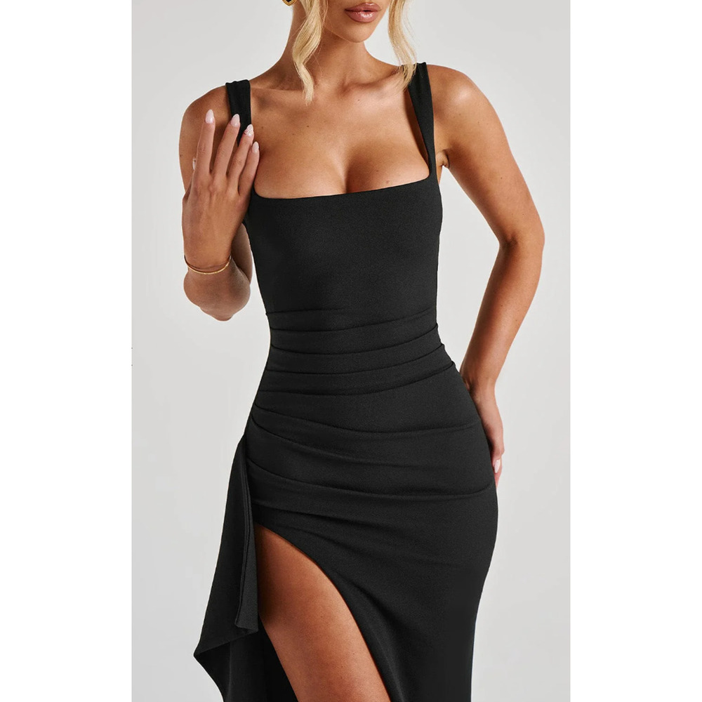 Black Square Neck High Slit Maxi Dress - Size Medium